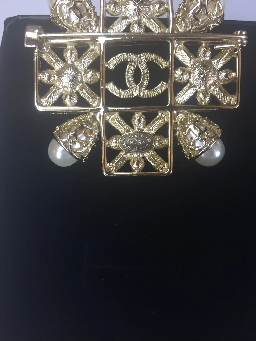 CHANEL Gold and Pearl Crystal CC Cross Brooch
